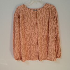 Elizabeth and James Peach Patterned Button Down Blouse, Size XXL